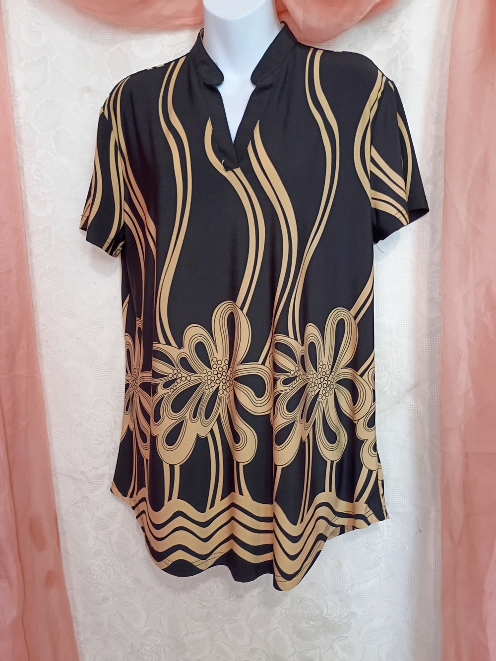 Baishenggt Ladies Black & Tan Floral Notch Neck Short Sleeve Tunic Sz Lg